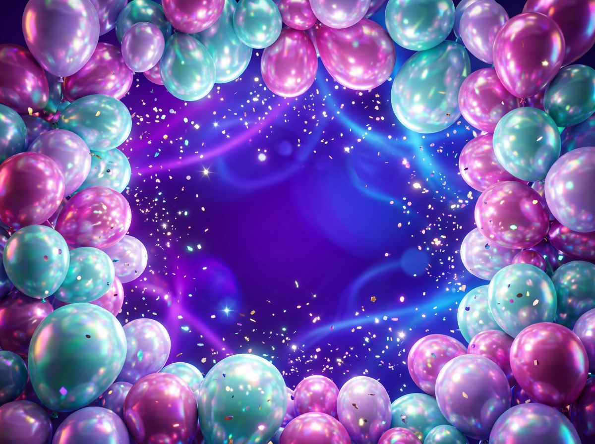 Iridescent balloons and confetti around a deep violet glow